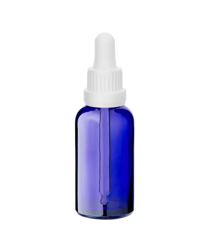 Glasflasche Blau 30 ml mit weißer Pipette für Kosmetiköle